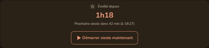 Vue Aujourd'hui : timer fenêtre d'éveil, budget de sommeil du jour et champs de saisie par sieste.