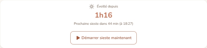 Vue Aujourd'hui : timer fenêtre d'éveil, budget de sommeil du jour et champs de saisie par sieste.